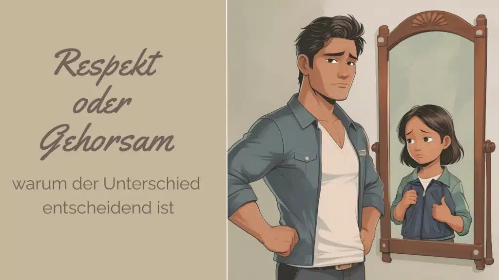 Respekt oder Gehorsam - Vater steht selbstbewusst mit den Händen in den Hüften, kleines Mädchen schaut verängstigt
