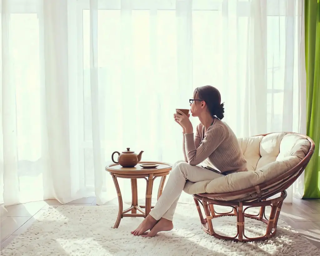 Stress vorbeugen, mit Gelassenheit eine Tasse Tee trinken, im bequemen weichen Sessel sitzend, zum Fenster hinaus schauen